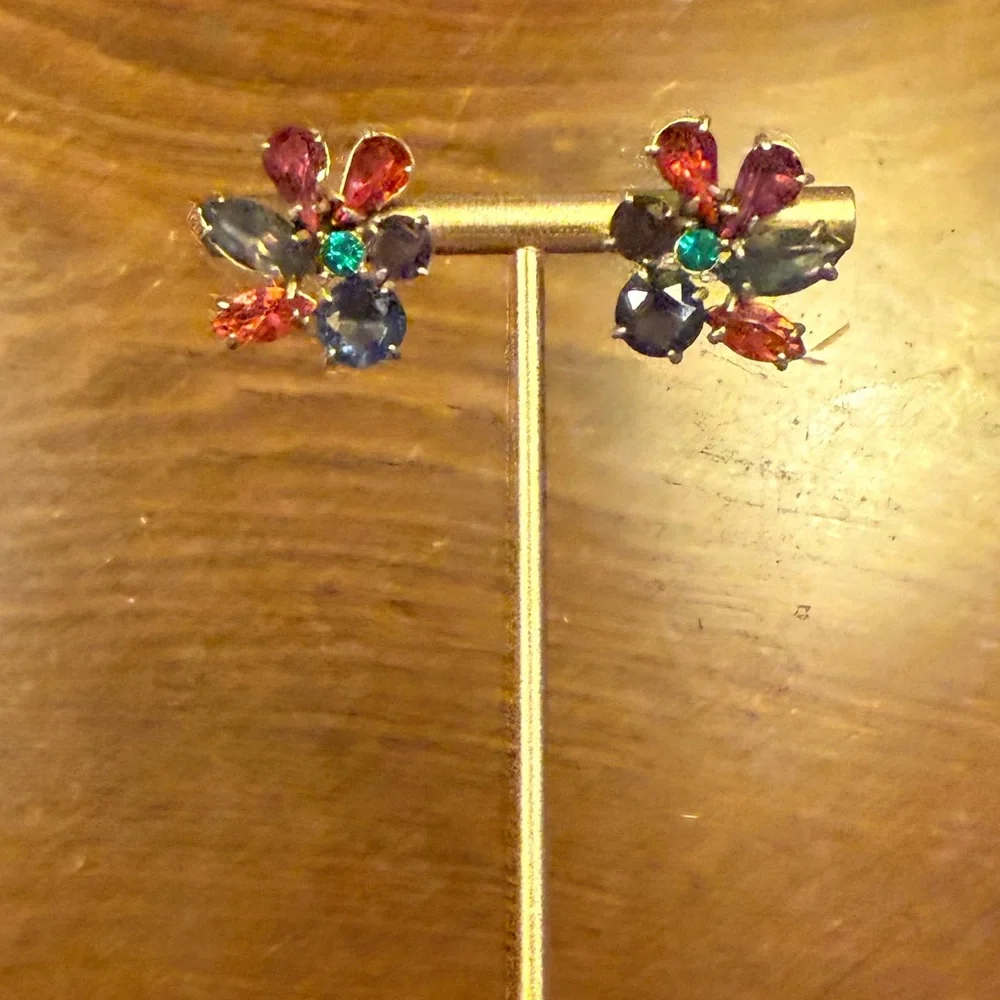 Vintage J. Crew Multicolor Gemstone Cluster Gold Stud Pierced Earrings